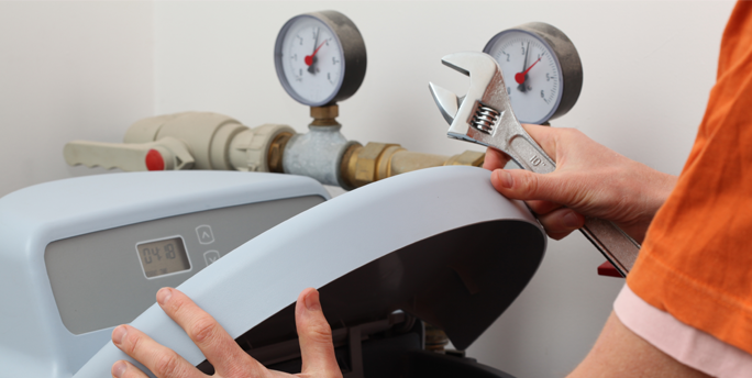 SGM-Techniker installiert eine Enthärtungsanlage in einem Haus und sorgt für einen einwandfreien Anschluss.