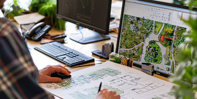 SGM-Team arbeitet an den Entwürfen für die Gartenplanung, um die Funktionalität und Ästhetik zu vereinen.