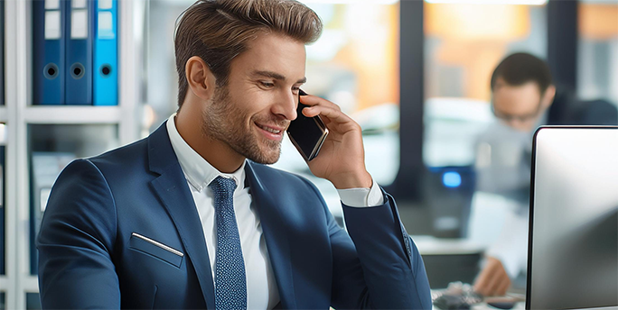 Freundlicher IT-Support-Mitarbeiter berät Geschäftskunden individuell am Telefon