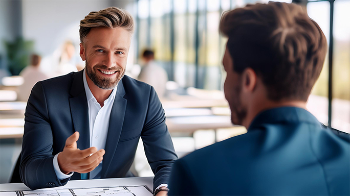Berater begleitet Geschäftskunden bei Vertragsverlängerung persönlich